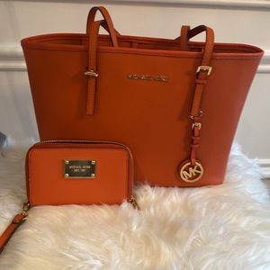 Michael Kors Jet Set Travel Small Orange Tote with Matching Wallet.